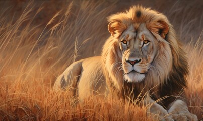  a painting of a lion in a field of tall grass.  generative ai