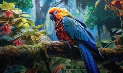  a colorful bird perched on a branch in a forest filled with trees.  generative ai