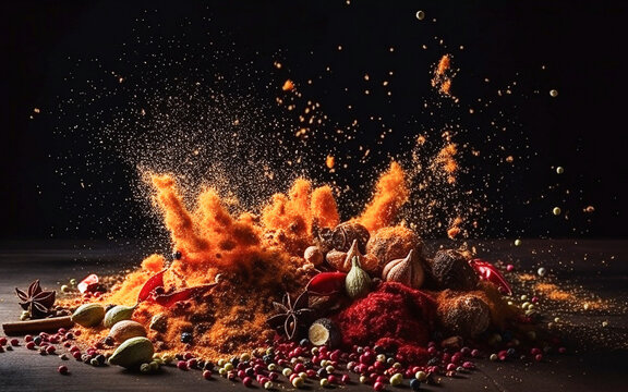 Ai generative. Explosion of different spices on a dark