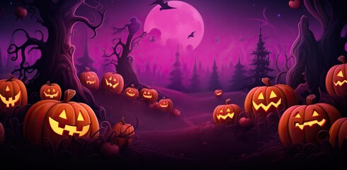 Fototapeta premium halloween themed cartoon background with pumpkins, creepy ghosts, and witches, in the style of dark pink and orange