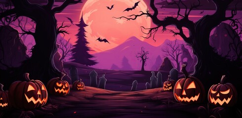 Fototapeta premium halloween themed cartoon background with pumpkins, creepy ghosts, and witches, in the style of dark pink and orange