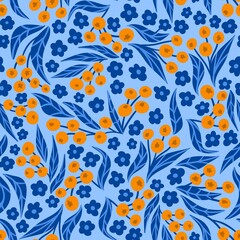 Hand drawn seamless pattern with orange berry berries on turquoise background blue leaves. Colorful bright floral design ethnic folk print, nature wood forest art, vintage retro.