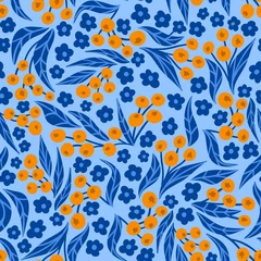 Wandaufkleber Hand drawn seamless pattern with orange berry berries on turquoise background blue leaves. Colorful bright floral design ethnic folk print, nature wood forest art, vintage retro. © Marina Lahereva