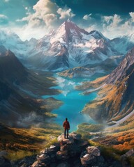 A hiker at mountain top viewing alpine lake picture. (Generative AI)
