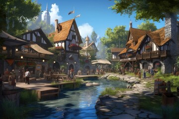 Fototapeta na wymiar The small medieval fantasy village illustrated in medieval style. (Illustration, Generative AI)