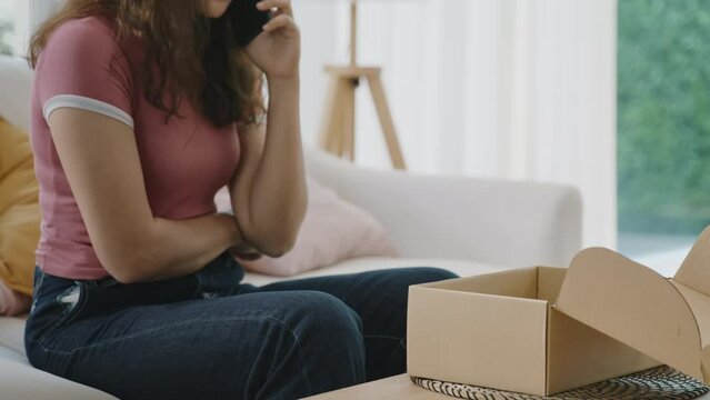 Upset asia people young Gen Z anger argue fight phone call on damage post mail box buy at home online shop retail store. Shock sad rude woman unbox wrong product order bad shipping CRM buyer service.