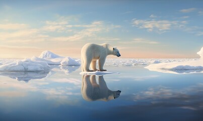  a polar bear standing on a large body of water with icebergs in the background.  generative ai