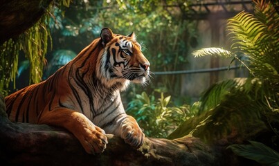  a tiger sitting on a tree branch in a jungle setting.  generative ai