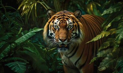 Fototapeta na wymiar a tiger walking through a lush green forest filled with leaves. generative ai