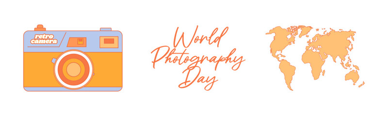 World Photography Day. August 19. Retro groovy style. Holiday concept. Background, banner, card and poster. Vector illustration.