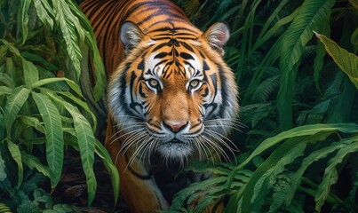 Fototapeta premium a painting of a tiger walking through a forest of leaves. generative ai
