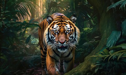  a tiger walking through a lush green forest filled with trees.  generative ai