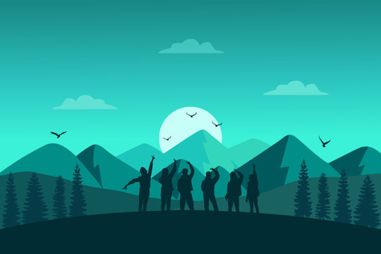 International Friendship Day background banner poster with people group and mountain nature landscape vector illustration - Powered by Adobe