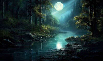 Obraz premium a painting of a river in a forest with a full moon. generative ai