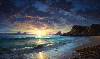 Obraz premium a painting of a sunset on a beach with waves crashing on the shore. generative ai