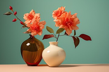 two flowers sit on top of a light background, in the style of photorealistic fantasies, dark cyan and orange, light beige and red, gorgeous colors, diverse color palette,