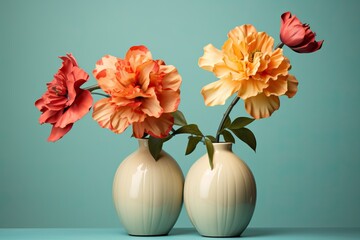 two flowers sit on top of a light background, in the style of photorealistic fantasies, dark cyan and orange, light beige and red, gorgeous colors, diverse color palette,
