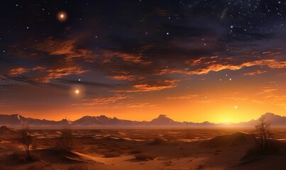  a desert scene with mountains and a star filled sky at sunset.  generative ai
