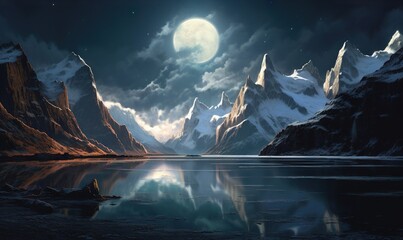  a painting of a mountain lake with a full moon in the background.  generative ai