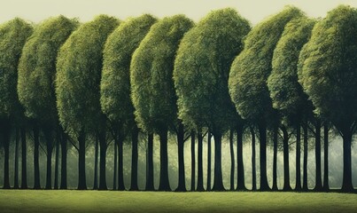  a painting of a row of trees in a grassy field.  generative ai