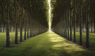  a long line of trees in a grassy field with a light at the end.  generative ai