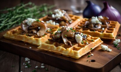 a wooden cutting board topped with waffles covered in mushrooms.  generative ai