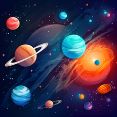Cartoon illustration Of Space. Space flat background with planets and stars. Galaxy illustration for kids. Generative AI