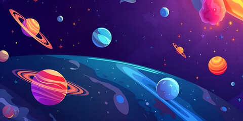 Cartoon illustration Of Space. Space flat background with planets and stars. Galaxy illustration for kids. Generative AI