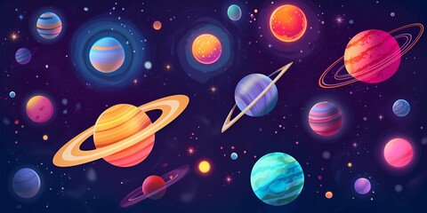 Obraz na płótnie Canvas Cartoon illustration Of Space. Space flat background with planets and stars. Galaxy illustration for kids. Generative AI