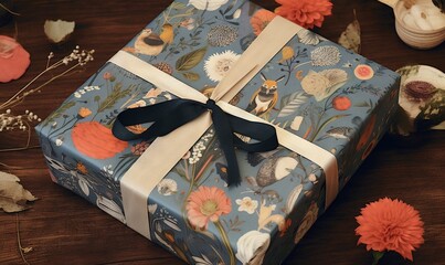  a gift wrapped in a blue floral paper with a black ribbon.  generative ai
