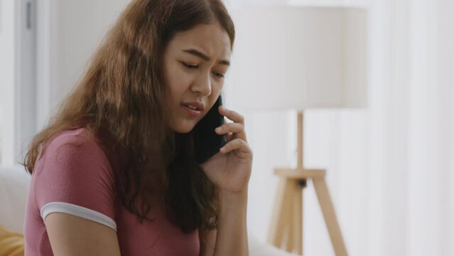 Upset asia people young Gen Z anger argue fight phone call on damage post mail box buy at home online shop retail store. Shock sad rude woman unbox wrong product order bad shipping CRM buyer service.