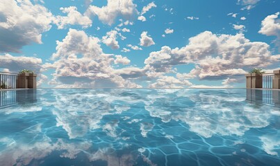  a large body of water with a sky and clouds in the background.  generative ai
