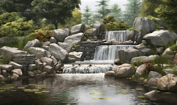  a painting of a waterfall and a pond in a park.  generative ai
