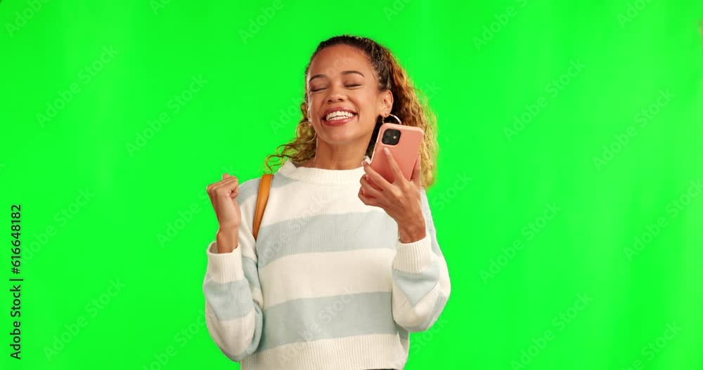 Poster Happy woman, phone and dance for good news on green screen in celebration against a studio background. Excited female person dancing with smile and smartphone for winning, sale or discount on mockup