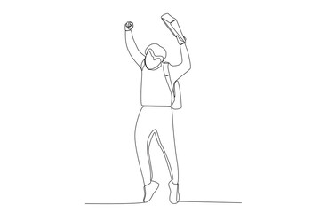 Continuous line drawing of young happy male student jumping to celebrate his final exam result graduation hand drawn art
