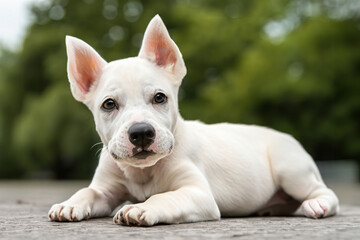 Obraz premium Small baby dog, puppy close-up. Walking a dog in a city park