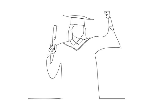 Vector one continuous line group young students in jump joyfully happy three teenager student express their graduation
