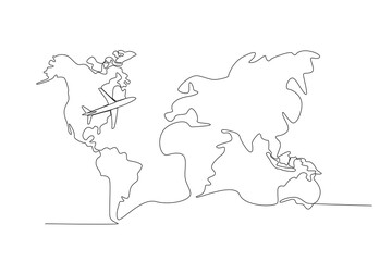 The plane looks small on the world map. Continuous one line drawing of world atlas minimalist vector illustration design. simple line modern graphic style. Hand drawn graphic concept for education
