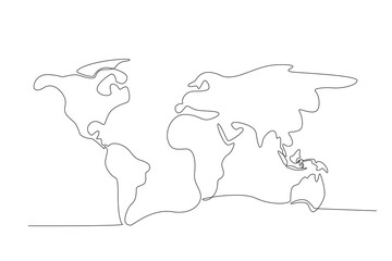 The plane looks small on the world map. Continuous one line drawing of world atlas minimalist vector illustration design. simple line modern graphic style. Hand drawn graphic concept for education

