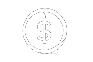 Single one line drawing coin flat icon. Dollar coin. Coin with dollar sign. Money symbol. American currency. Saving investment concept. Modern continuous line draw design graphic vector illustration
