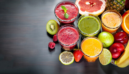 Selection assortment of colorful Healthy fresh fruit and vegetable smoothies with ingredients