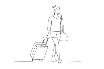 One line drawing ofa tourist woman walks while pulling her suitcase concept. continuous line graphic draw design vector illustration
