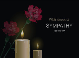 Red carnation flowers mourning bouquet and two burning candles close-up on the black background. Vector conceptual illustration with the inscription With deepest sympathy and place for additional text - obrazy, fototapety, plakaty