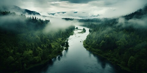 Unveiling Nature's Tapestry: Stunning Drone Photography of Green Woodlands, Cloud-Adorned Canopies, and Tranquil Lakes. Generative AI