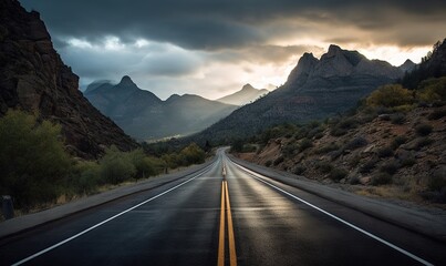  a long road with mountains in the background under a cloudy sky.  generative ai