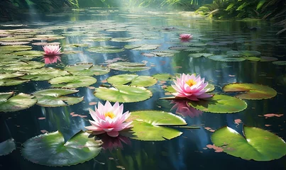 Foto op Canvas  a pond with water lilies and leaves floating on it.  generative ai © Anna