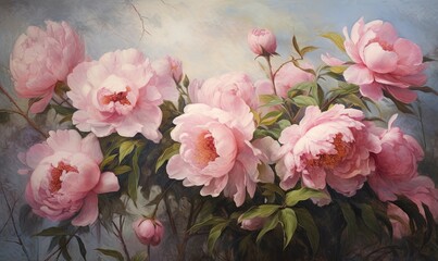  a painting of pink flowers in a vase on a table.  generative ai