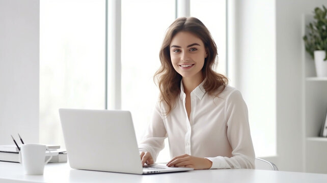 Smiling confident businesswoman looking at camera sitting at home office desk. Modern stylish female corporate employee successful executive manager with laptop