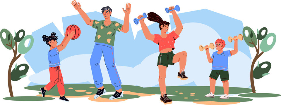 Family sport and outdoor activity banner template with mother, father and children doing sports together.