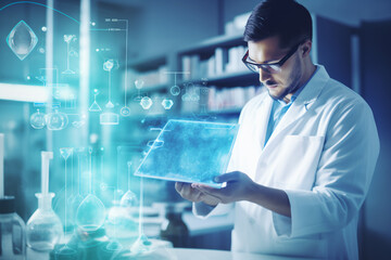  Medical Research, Health technology, Healthcare and medicine concept. Technician using digital tablet